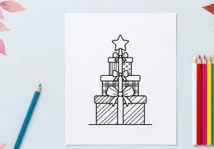 Stacked striped Christmas gift boxes with star bow for holiday celebration and festive decor
