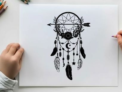 Silhouette dreamcatcher with moon stars and feathers