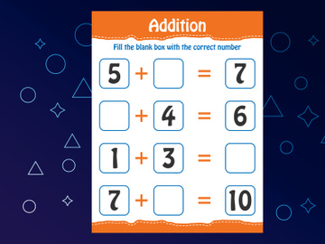 Basic math addition for kids. Fill the blank box with the correct number. Worksheet for kids preview picture