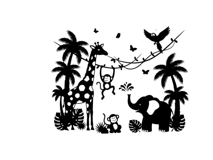 Jungle scene with silhouette animals and tropical plants