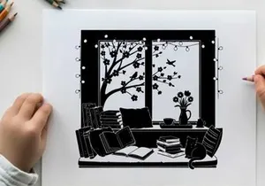 Cozy room interior with silhouette of tree and flowers by the window