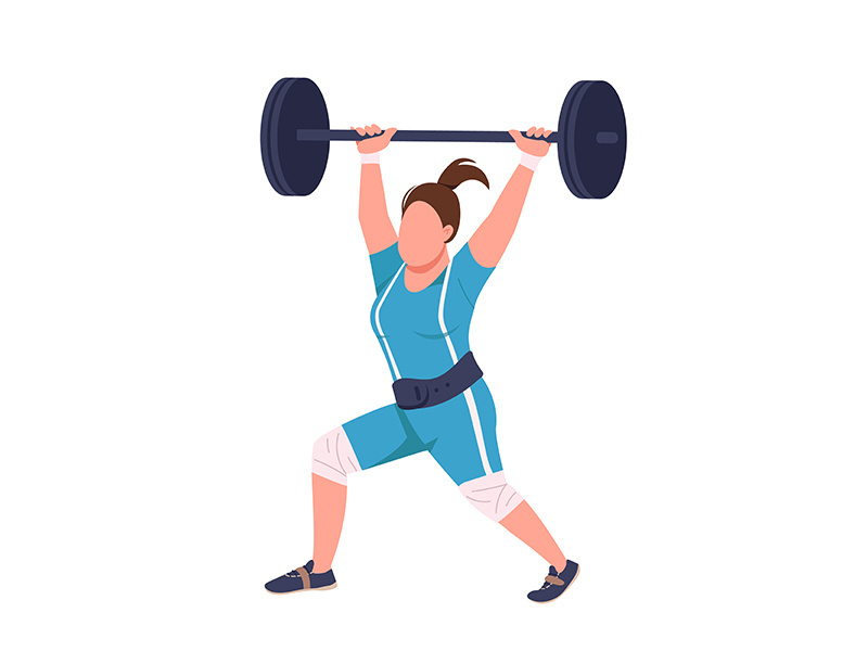 Female powerlifter lifting barbell flat color vector faceless character