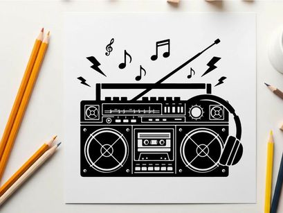 Black silhouette of a boombox with music notes and headphones