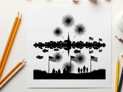 Patriotic silhouette of fireworks and flags on a white background