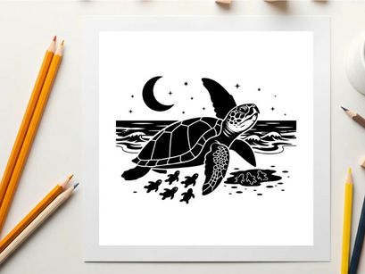 Silhouette of a sea turtle swimming under a crescent moon