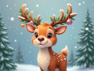 A cartoon reindeer stands in a snowy scene. preview picture