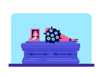Dead girl coffin and photo flat color vector illustration preview picture