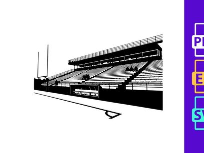 Black and white sketch of an empty stadium with tiered seating