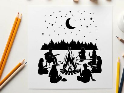 Silhouette of friends gathered around campfire under starry night sky with crescent moon