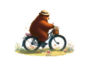Bear riding a bike in floral countryside road, isolated in white background.
