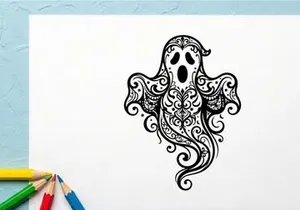 Ilustração de Fantasma de Halloween Estilizado com Arte de Linhas Intrincadas