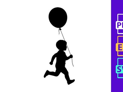 Silhouette of a child running with a balloon, joy, freedom