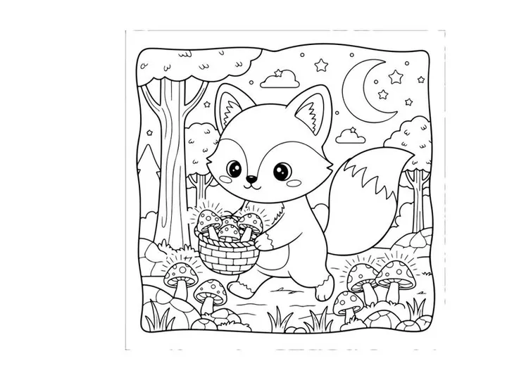 Cute white fox with basket and mushrooms forest vector illustration