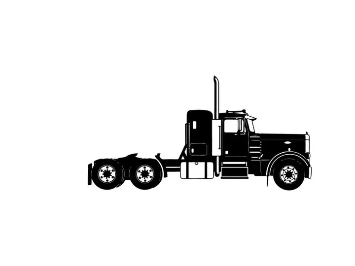 Silhouette of a semi truck tractor unit with wheels and exhaust pipe