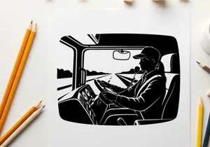 Silhouette of a truck driver driving on the highway in his vehicle