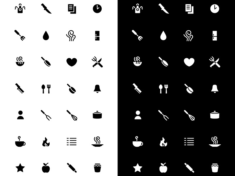 Cooking glyph icons set for night and day mode