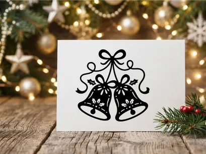 Black and white Christmas bells illustration with ribbon and holly leaf design elements.