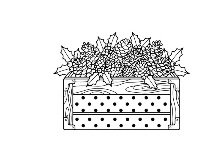 Christmas pine cones and holly leaves in a wooden crate line art illustration