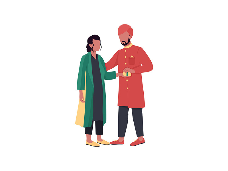 Indian couple exchanging gifts flat color vector faceless characters