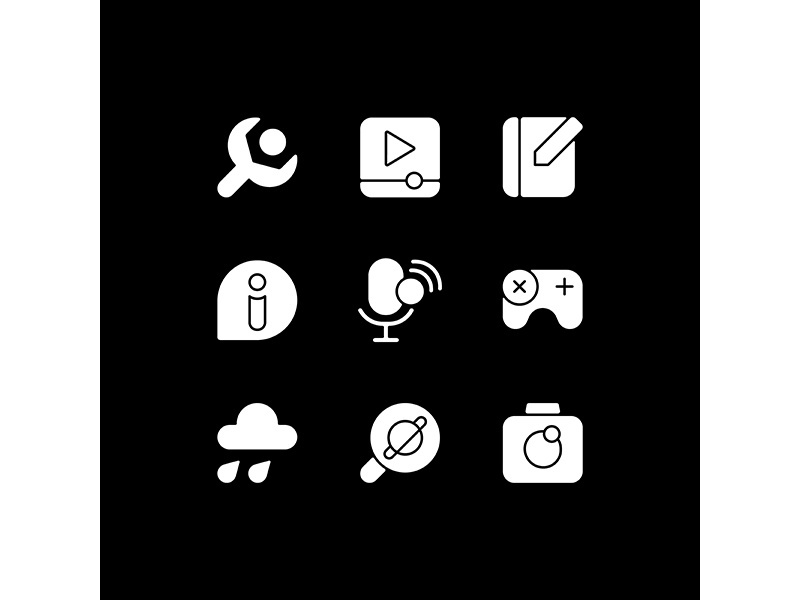 Smartphone interface white glyph icons set for dark mode