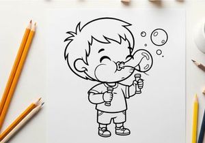 Cute boy blowing bubbles playful cartoon vector illustration