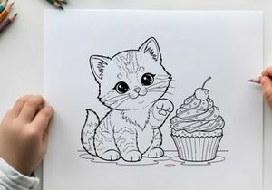 Cute kitten with cupcake vector illustration flat design