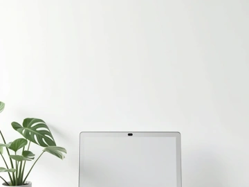 Minimal desk workspace with laptop, notebook, and indoor plant, preview picture