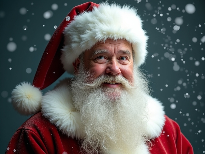 Santa Claus smiles warmly, holding a gift against a snowy backdrop.