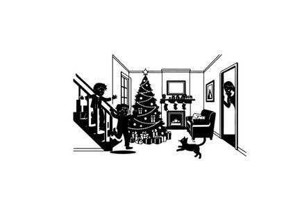 Black and white silhouette of children decorating christmas tree