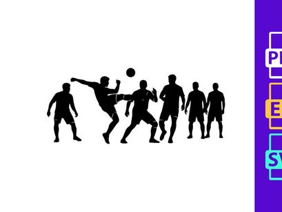 Silhouette of soccer players in action kicking ball in mid air during game