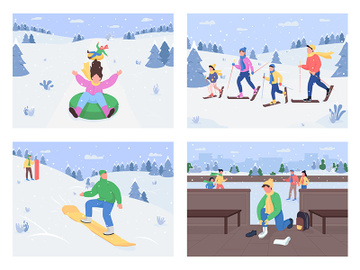 Winter fun activities flat color vector illustration set preview picture