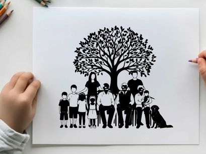 Family silhouette standing under a tree with a dog