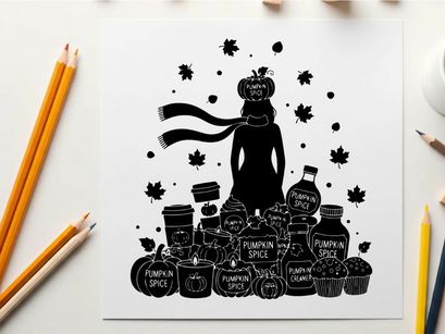 Silhouette of a woman surrounded by autumnal items and maple leaves silhouette