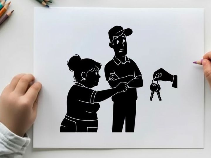 Silhouette of a woman handing keys to a concerned man
