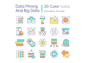 Data mining and big data RGB color icons set preview picture
