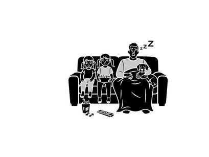 Silhouette of a man sleeping on a couch with two children