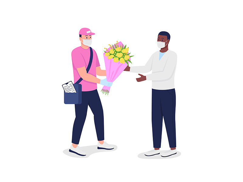 Delivery man in mask and gloves with customer flat color vector detailed characters