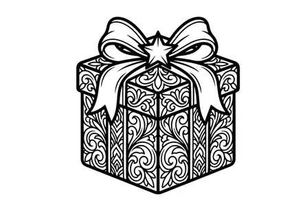 Kotak hadiah Natal dengan pola floral rumit dan pita, ilustrasi seni garis hitam putih