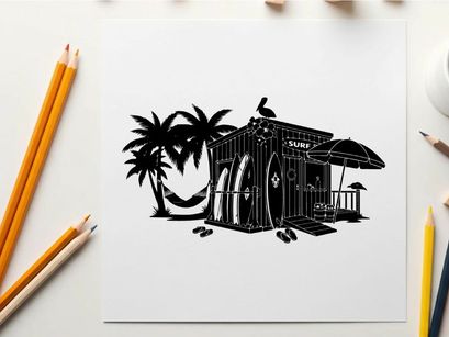Beachside surf shack silhouette with palm trees and tropical vibes