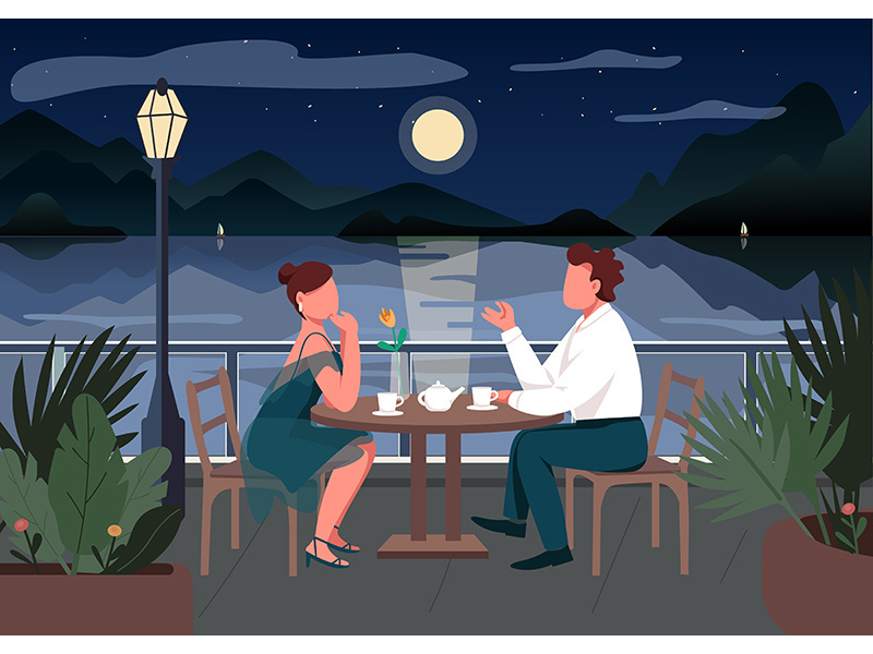 Romantic date in seaside resort town flat color vector illustration