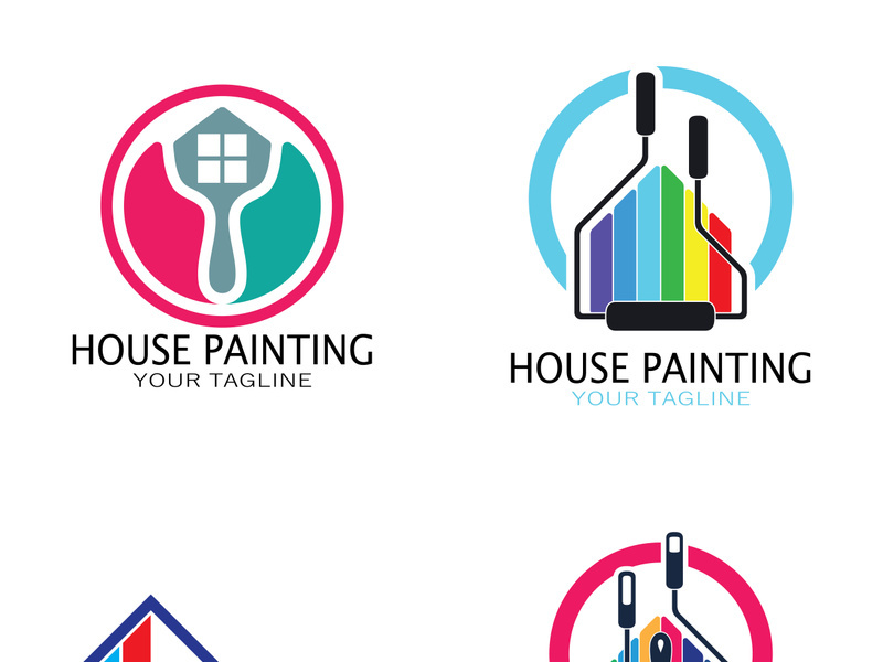 logo icon illustration house paint with a blend of brushes and rollers for house wall paint design, minimalist house, painting, interior, building, property business, wallpaper, vector concept