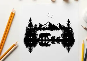 Silhouette of a bear family in a forest landscape