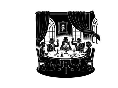 Silhouette of people gathered around a ouija board in a dimly lit room
