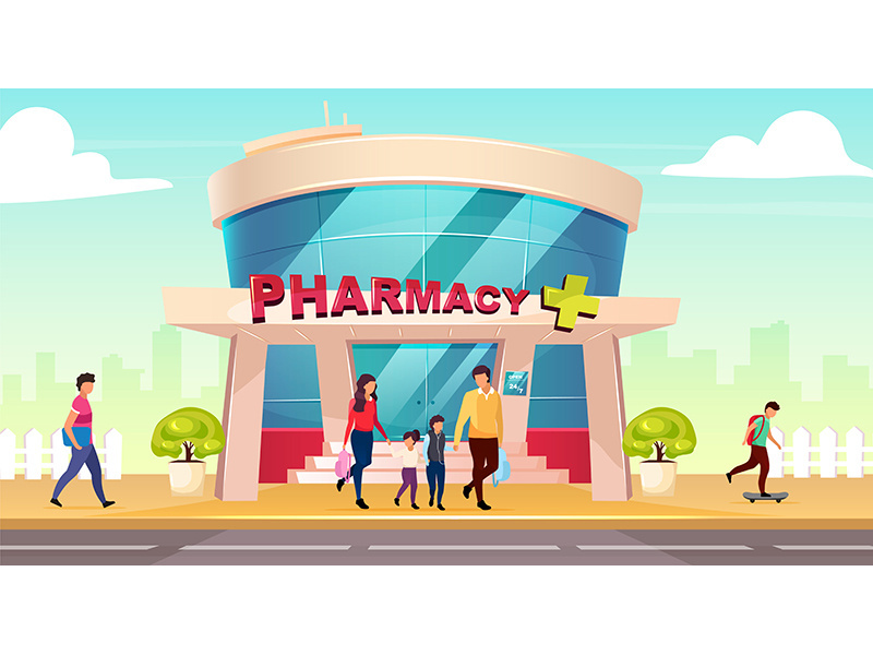 Pharmacy storefront flat color vector illustration