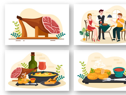 12 Spanish Food Cuisine Illustration