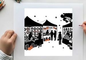 Silhouette of people at a vibrant outdoor market with tents and goods