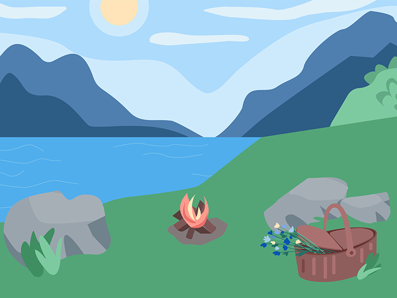 Picnic in mountains flat color vector illustration