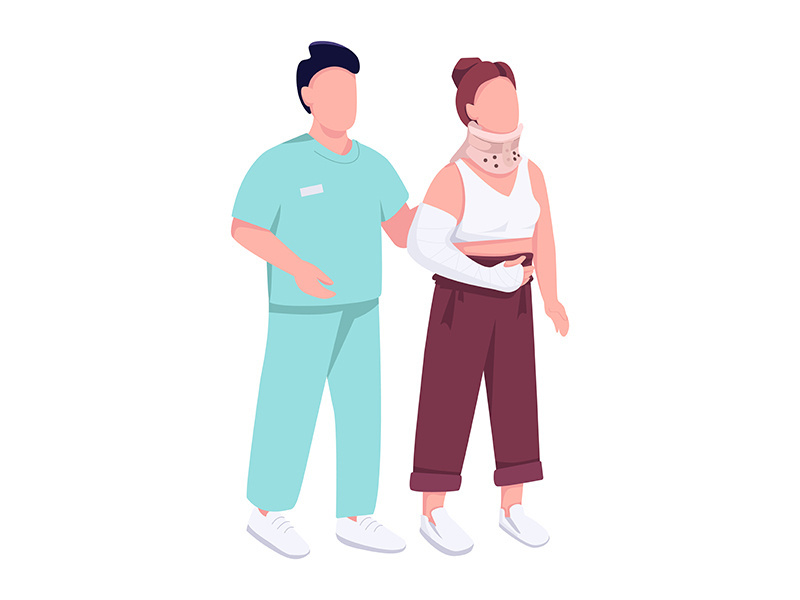 Hospital patient with broken hand and traumatologist flat color vector faceless character