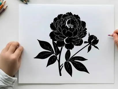 Silhouette of a blooming flower with leaves and bud