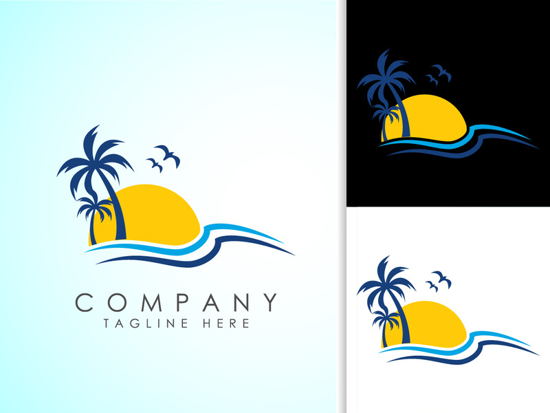 Beach logo design. Sun sunset sunrise with beach ocean sea water logo icon.